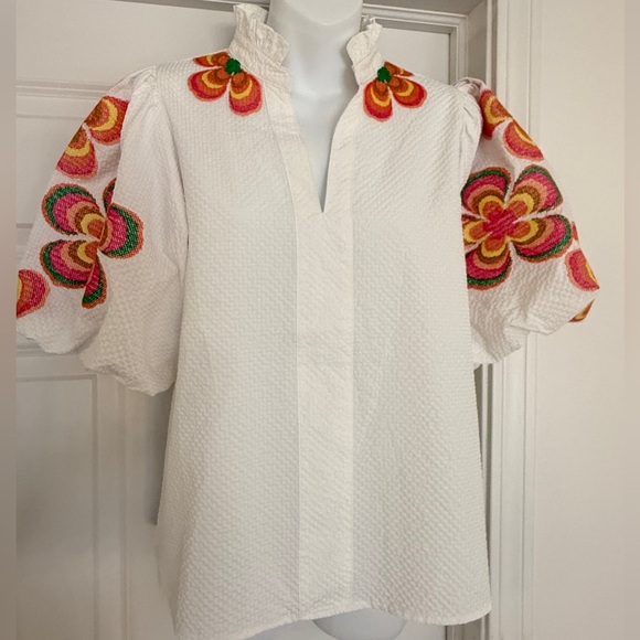 Like New THML White Embroidered Puff Sleeve Textured Boutique Top, Size X-Small. - Picture 6 of 10